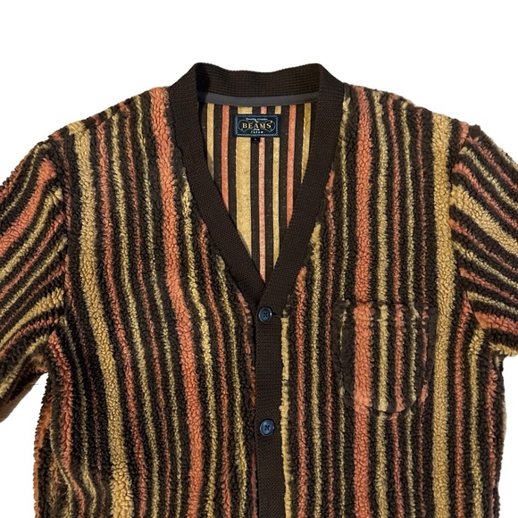 Beams Japanese Stripe Fleece Cardigan Size Large - Picture 2 of 5